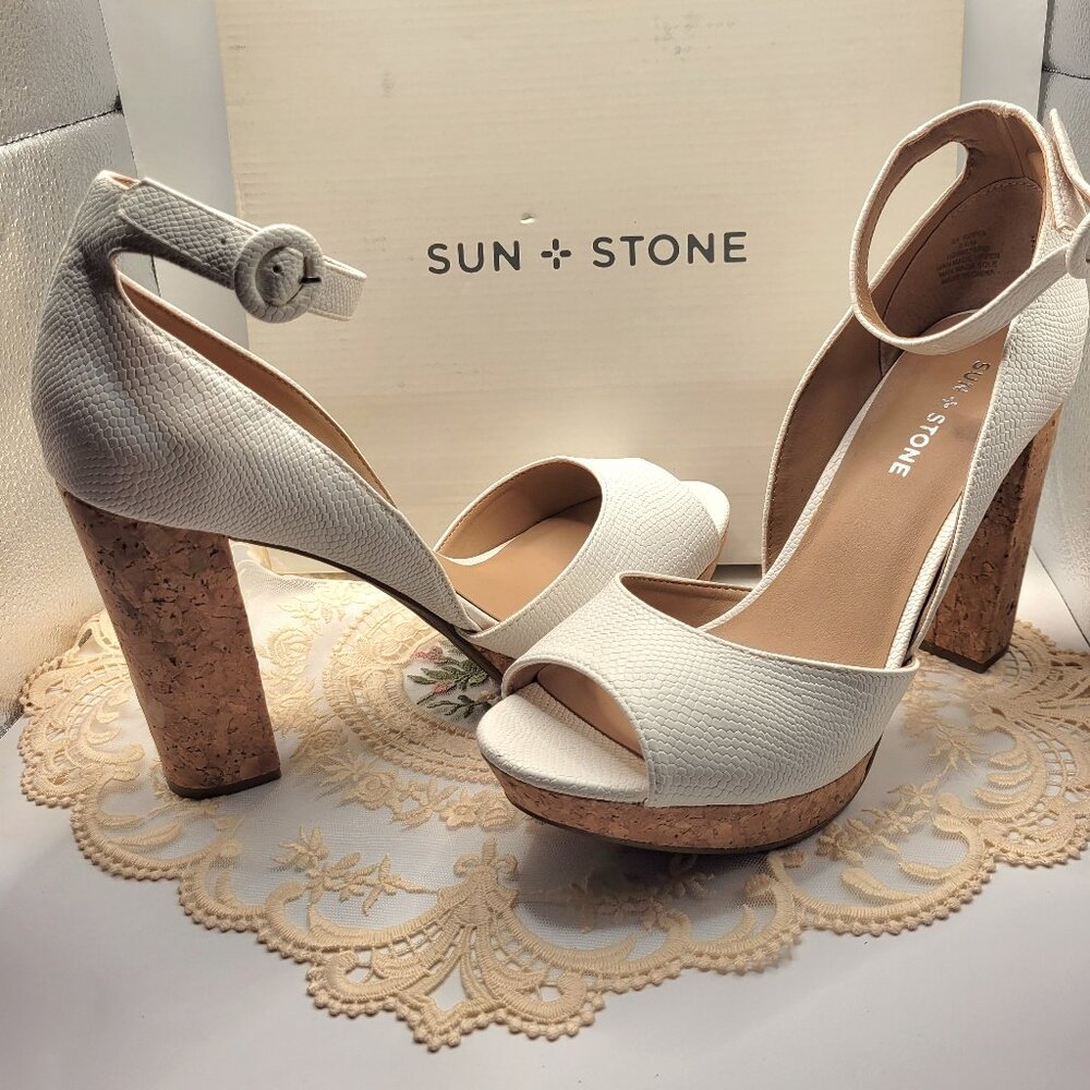 Sun Stone White Snake Cork 9.5M Platform HIgh Heel Sandal